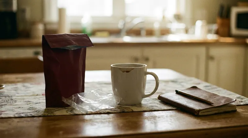 A kitchen table with a dark-red pouch, an empty chew wrapper, an empty coffee mug and a closed notebook with a pencil