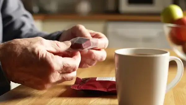 A man's hands unwrapping a small dark-red soft chew beside a pouch and a mug of coffee