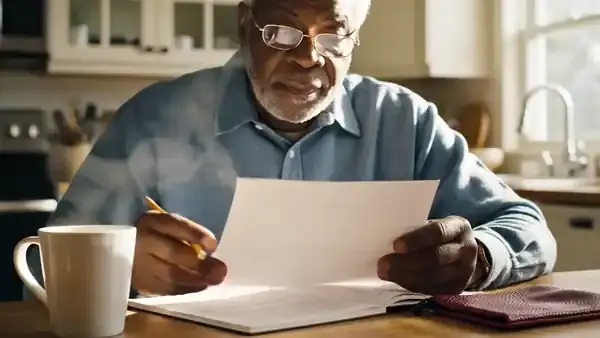 A man in his sixties reading a printed page at a kitchen table and underlining one line beside a dark-red pouch