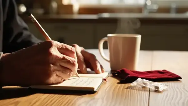 A man's hands writing a line in a small notebook beside a mug of coffee, a dark-red pouch and an empty wrapper